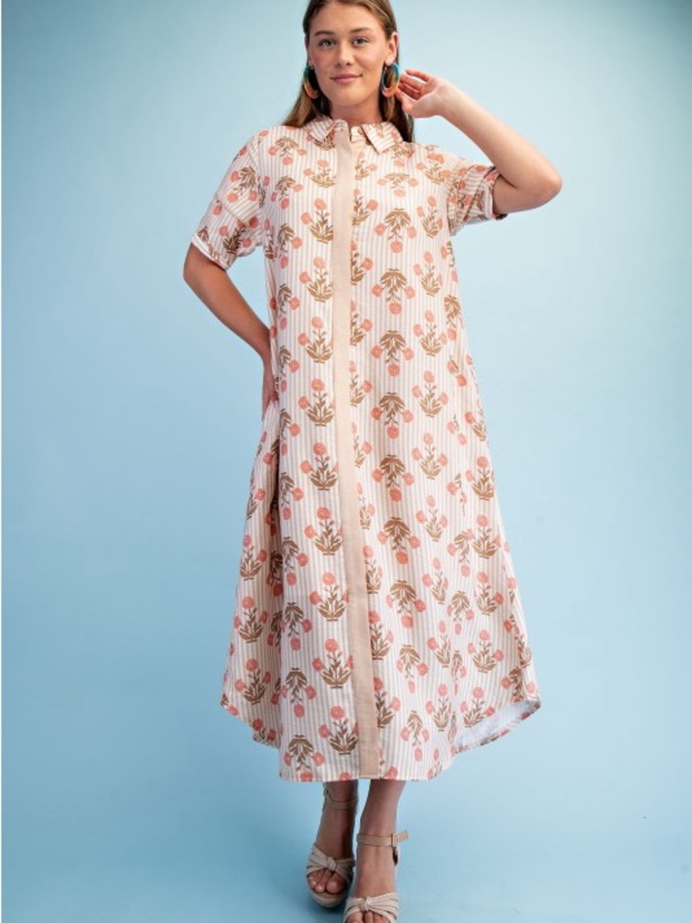 Floral Striped Button-Front Maxi Shirt Dress - Pink